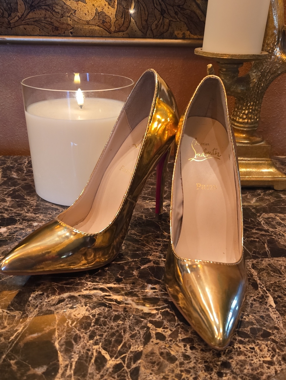 Christian Louboutin Gold Patent Pigalle 100mm Pointed-Toe Pumps Size 42/9.5